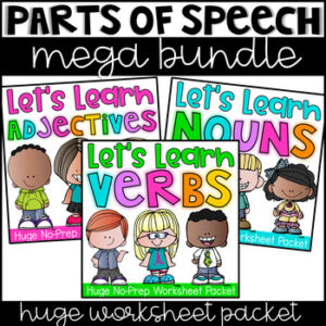 Nouns, Adjectives & Verbs Printable Worksheet BUNDLE - Kindergarten First Second