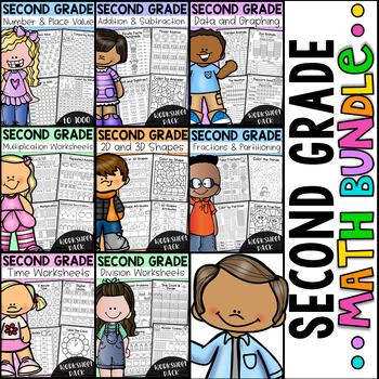 Second Grade Math Worksheets- BUNDLE - Addition, Subtraction, Fractions & More!