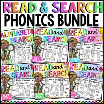 Phonics Read and Search Worksheet BUNDLE - CVC, Long Vowels, Digraphs, Blends, R
