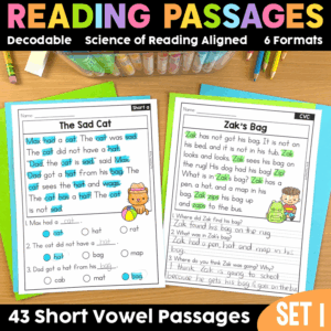 Decodable Reading Comprehension Passages Short Vowels CVC & Blends - SoR - SET 1